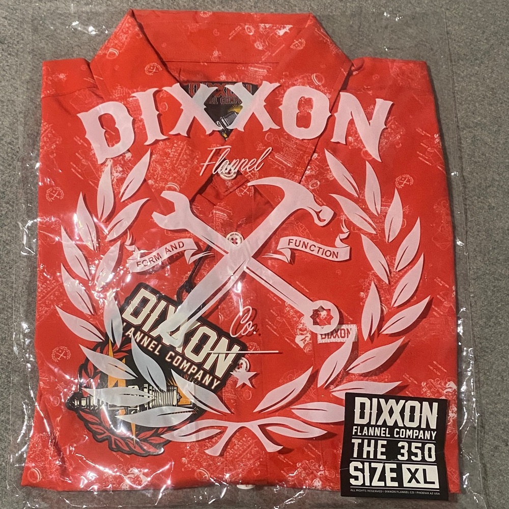 DIXXON Red and White “THE 350”Graphic button down short sleeve Casual Shirt